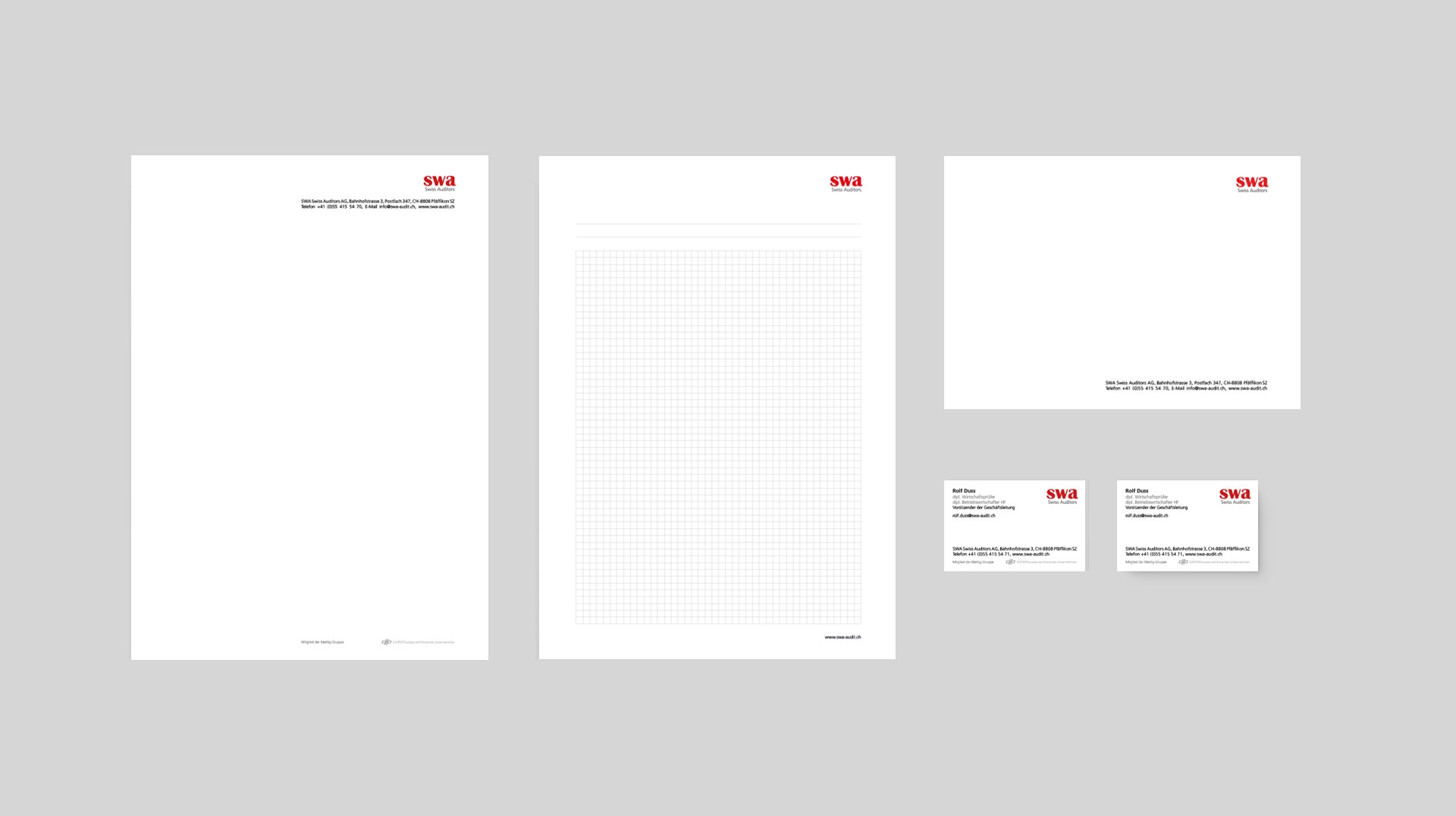 Geschäftspapiere von SWA Swiss Auditors: Visitenkarten und Briefpapier im Corporate Design.