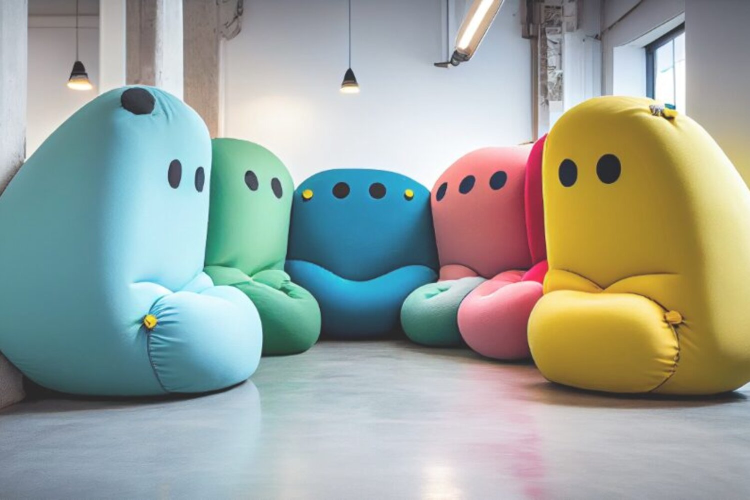 Mehrere bunte, figurenartige Sitzsäcke bilden im Kreis eine Gruppe und symbolisieren Marken, die Menschen verbinden, Vielfalt zeigen und Begegnung im Raum möglich machen.