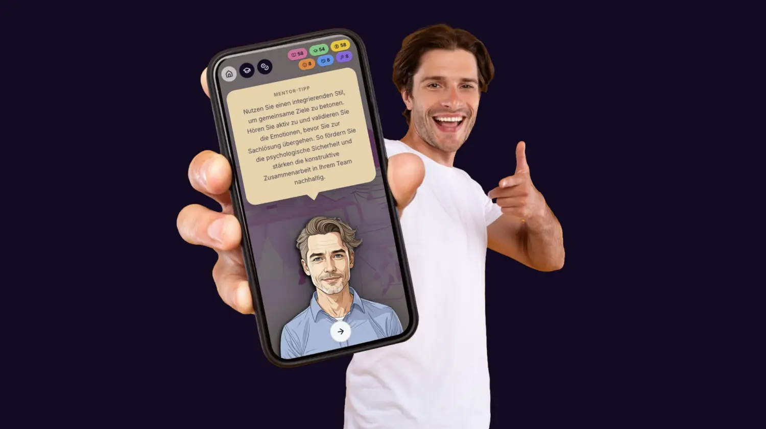 Ein junger Mann hält sein Smartphone mit dem Playermodus einer MIKO-Journey in die Kamera und zeigt mit dem Finger direkt auf die betrachternde Person.