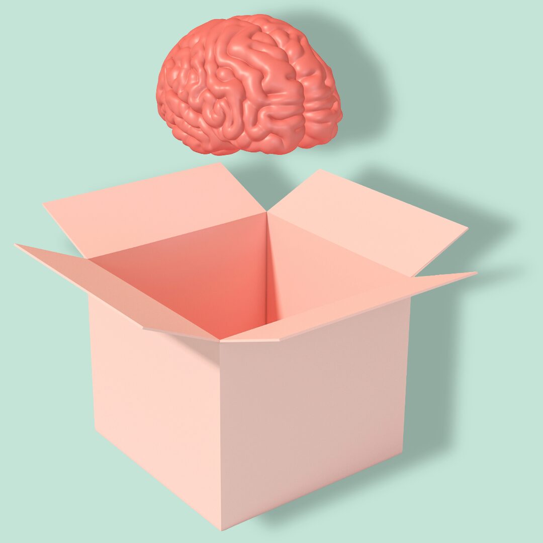 Illustration eines Gehirns über einer offenen Box – Denken ausserhalb der Box, neue Perspektiven.