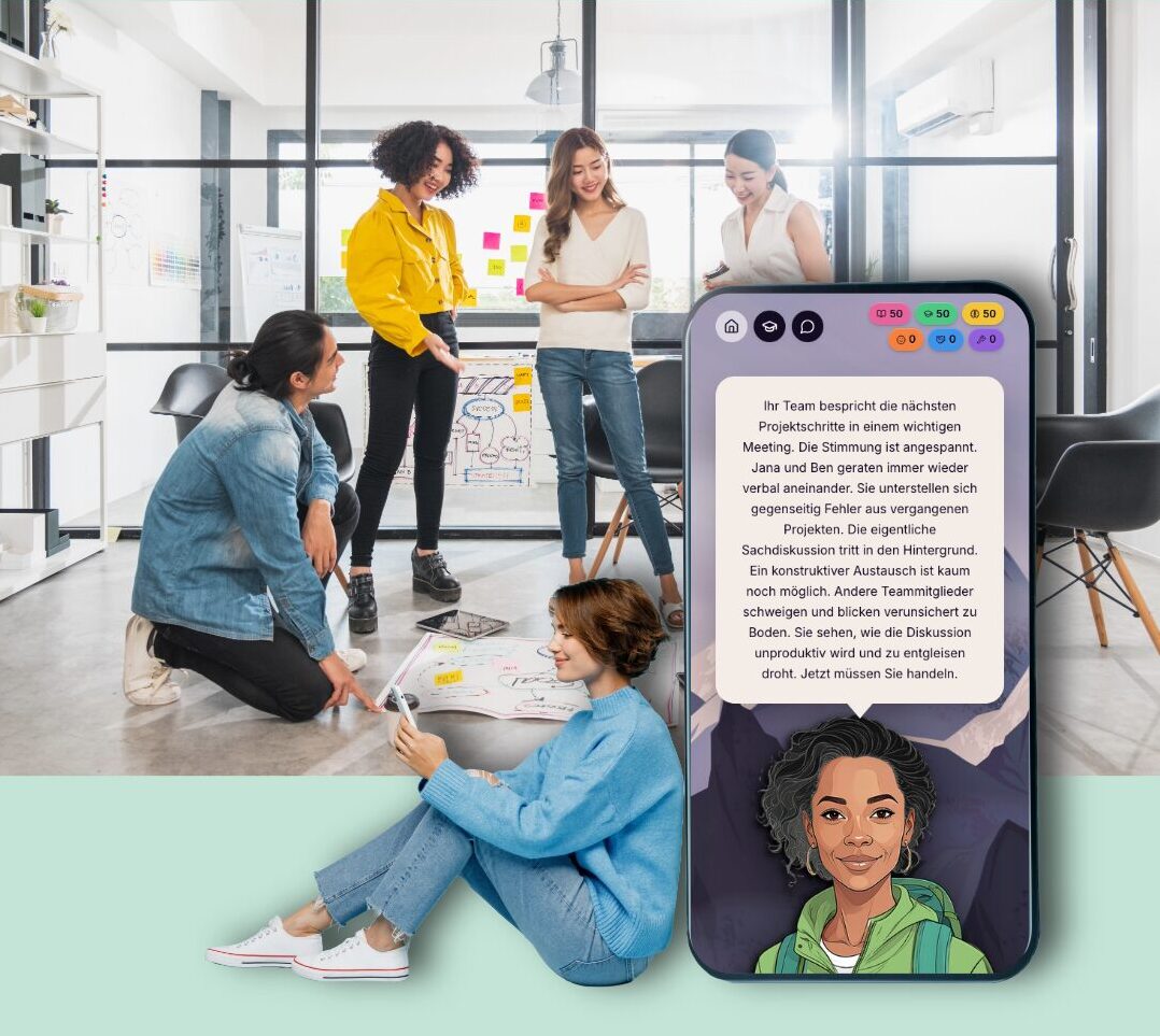 Team im Workshop, eine Person spielt auf dem Smartphone eine MIKO-Simulation mit Führungsszenario.