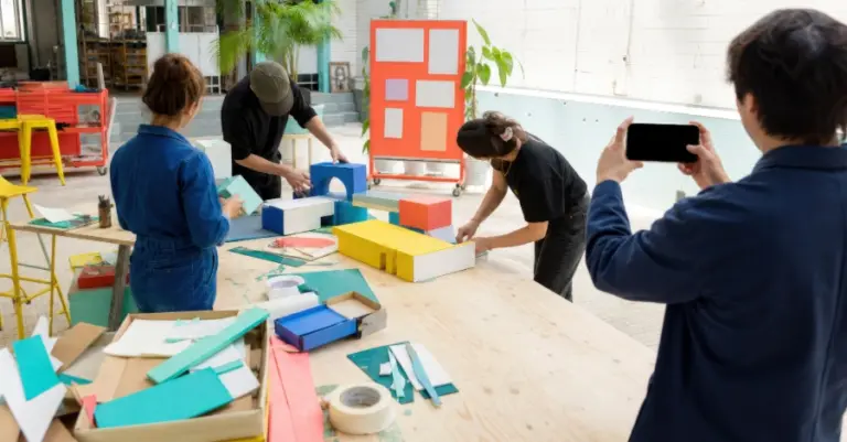 Team arbeitet gemeinsam an einem grossen Tisch mit Modellen, Karten und kreativen Materialien.