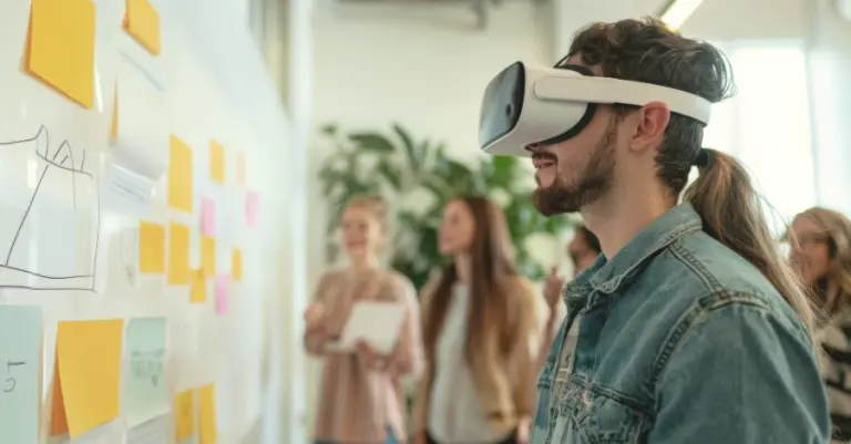 Person mit VR-Headset vor einer Wand mit bunten Haftnotizen.