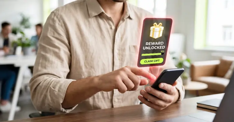 Person hält ein Smartphone mit digitaler Belohnungs- und Geschenkanzeige.