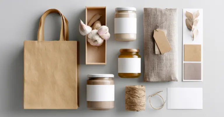 Markenversprechen im Erscheinungsbild: Papiertasche, Gläser, Stoffmuster und Karte