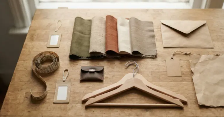 Storytelling für Nachhaltigkeit: Stoffmuster, Massband und Kleiderbügel auf einem Holztisch